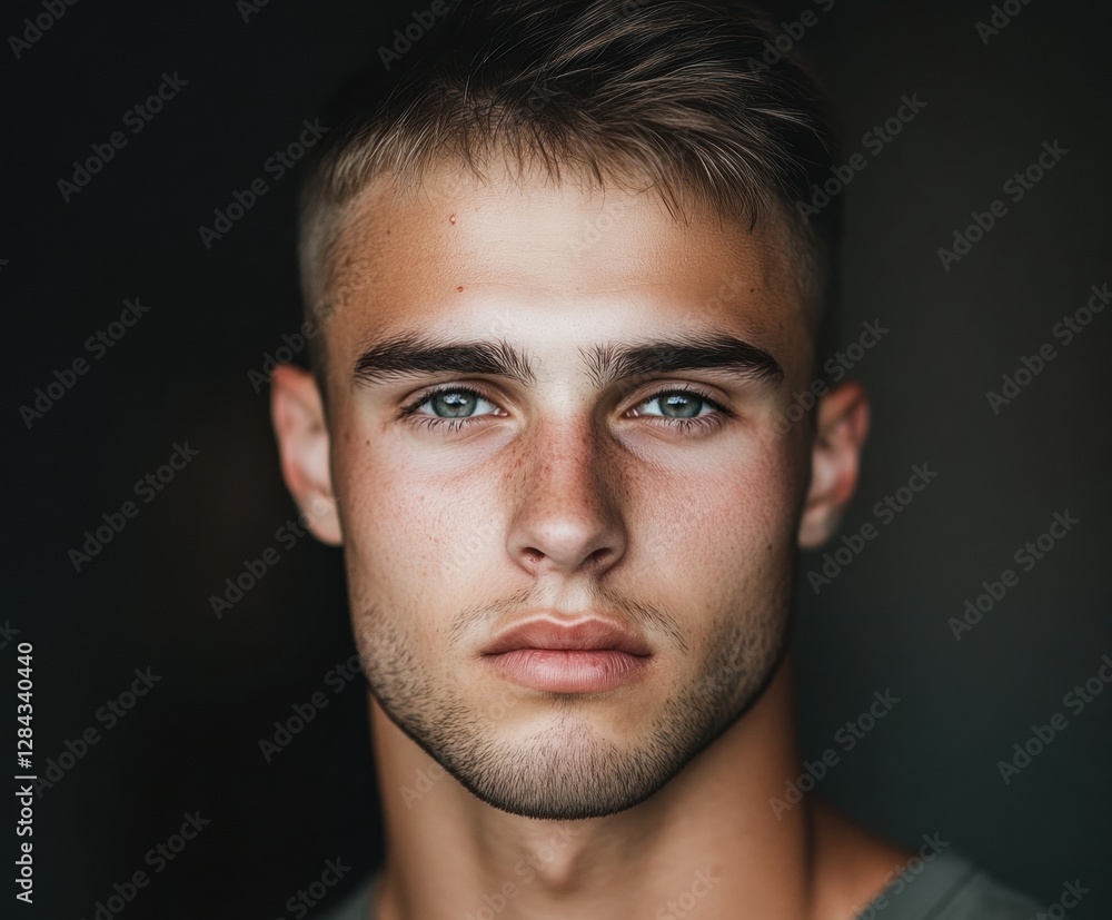 Fototapeta premium A young man with short hair and light stubble looks directly at the camera. His eyes are filled with emotions a mixture of determination and thoughtfulness.