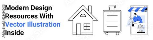 Home building icon, suitcase for travel, and online store graphic with worker handling tools. Ideal for travel, shopping, design, construction, home services, e-commerce lifestyle flat landing page