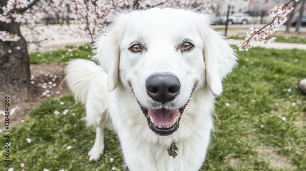 Happy White Great Pyrenees Dog Portrait on Green Grass Under Blossoming Springtime Tree Happy White Great Pyrenees Dog Portrait on Green Grass Under Blossoming Springtime Tree