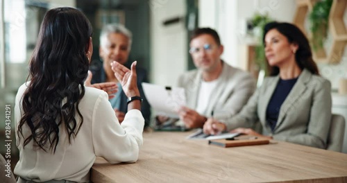 Business people, resume documents or woman in job interview with human resources for onboarding. Explain, offer and hr manager in meeting with cv in office for recruitment, hiring and work contract