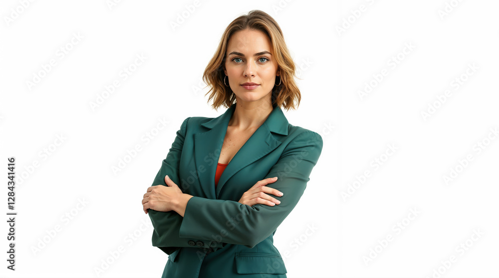 Confident businesswoman in dark green blazer against white background Confident businesswoman in dark green blazer against white background