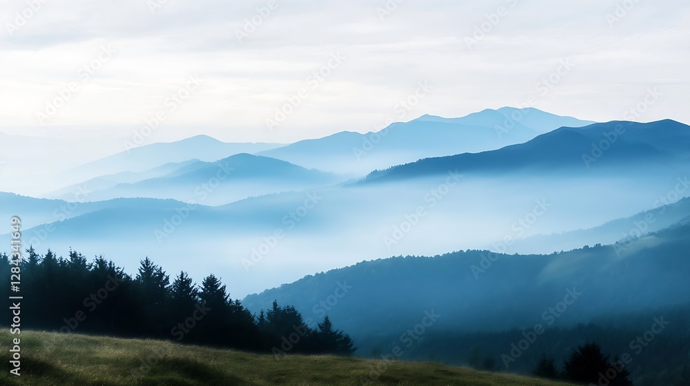 Naklejka premium Misty mountain range viewed from a distance under a soft gray sky creating a serene atmosphere : Generative AI
