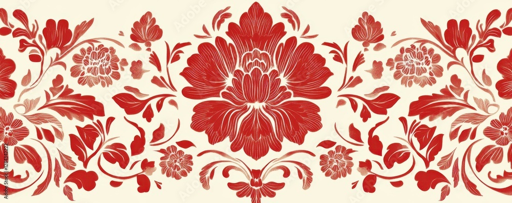 Red floral pattern on beige background with intricate design elements Red floral pattern on beige background with intricate design elements