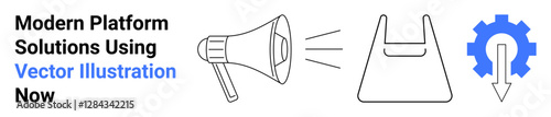 Megaphone amplifying message, bag symbolizing commerce, gear with downward arrow for efficiency. Ideal for marketing, ecommerce, solutions, logistics, technology, optimization flat landing page