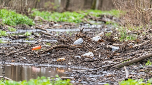Polluted Canal with Plastic Waste and Debris Amidst Greenery and Trees on Overcast Day