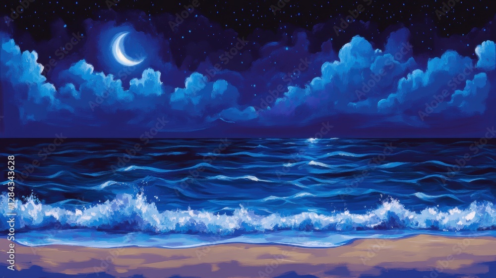 Naklejka premium Pixel Art Night Seascape with Crescent Moon and Starry Sky Over Ocean Waves