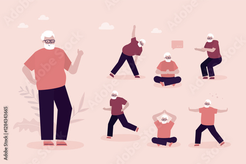 Aged male character practicing yoga, meditation and stretching. Set of multi ethnic elderly men active healthy lifestyle. Sports activities, happy retirement,