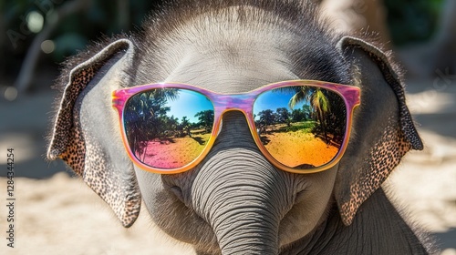 A cute young elephant sporting colorful sunglasses is having a great day basking in the sun at a lively wildlife sanctuary