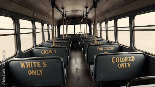 A recreation of a bus with segregated seating, symbolizing historical racial segregation in public transportation.