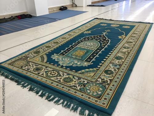 A teal prayer rug, meticulously designed with intricate patterns, displayed on a light-colored floor.