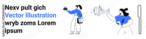 Two individuals with futuristic elements one holding objects and clipboard, another with energy icon. Ideal for innovation, teamwork, urban planning, technology, education, environment, flat landing