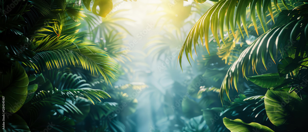 Lush tropical deep jungle with vibrant green foliage,golden-orange sunlight.Mysterious rainforest atmosphere, exotic nature backdrop. Background for eco, wellness, adventure, travelling.Generative ai Lush tropical deep jungle with vibrant green foliage,golden-orange sunlight.Mysterious rainforest atmosphere, exotic nature backdrop. Background for eco, wellness, adventure, travelling.Generative ai