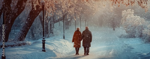 Elderly couple walking in snowy winter park holding hands at sunset