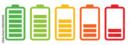 Battery icons set. Symbol of different level of accumulator charge. Battery icon vector set isolated on white background. Battery level display mark set. Vector illustration.