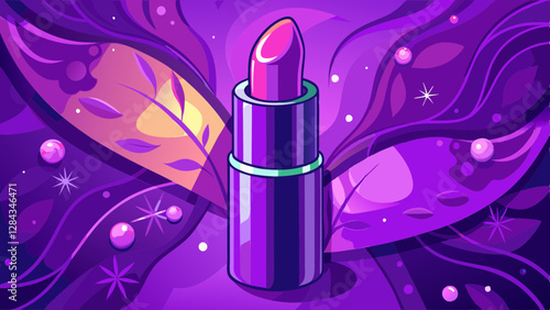 A purple lipstick is on a purple background. The lipstick is shiny and has a purple tint