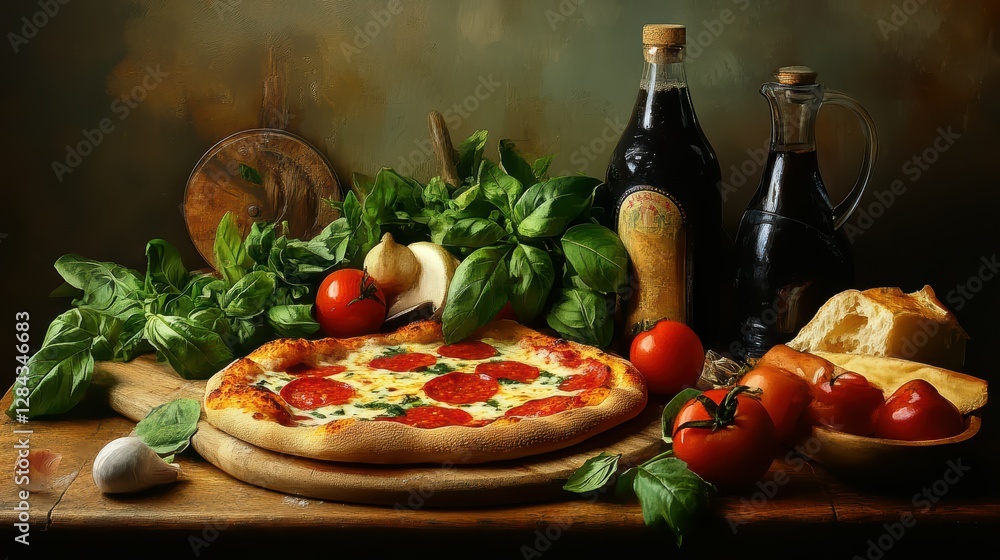Rustic italian pizza with fresh ingredients and olive oil bottles Rustic italian pizza with fresh ingredients and olive oil bottles