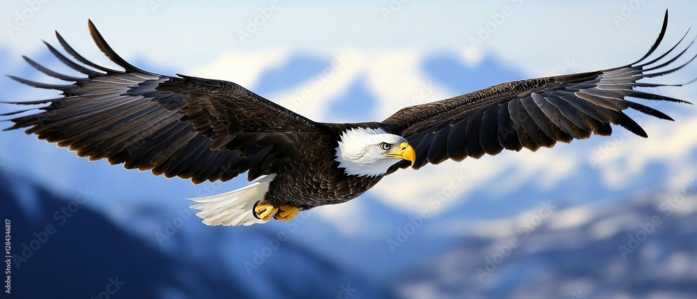 Naklejka premium Majestic Bald Eagle Soaring Over Snowy Mountains