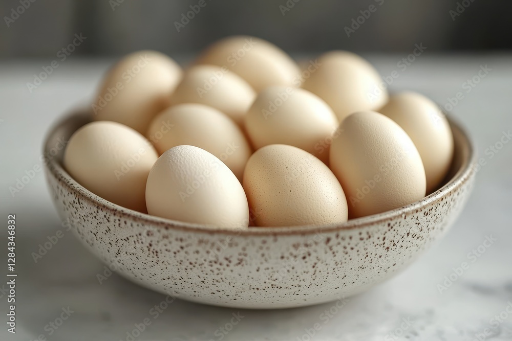 Fresh white eggs arranged neatly in a speckled bowl ready for cooking or baking in a kitchen setting Fresh white eggs arranged neatly in a speckled bowl ready for cooking or baking in a kitchen setting