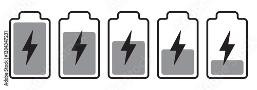 Set of vertical battery level indicators in percentage vector. Battery indicator symbols. 0-100 percent.