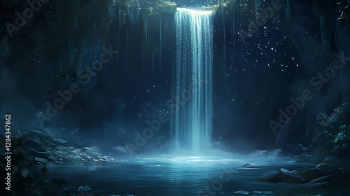 Wallpaper Mural Enchanted waterfall cascading into a serene pool, illuminated by ethereal starlight within a mystical cave. Mystical Waterfall Cave. Illustration Torontodigital.ca