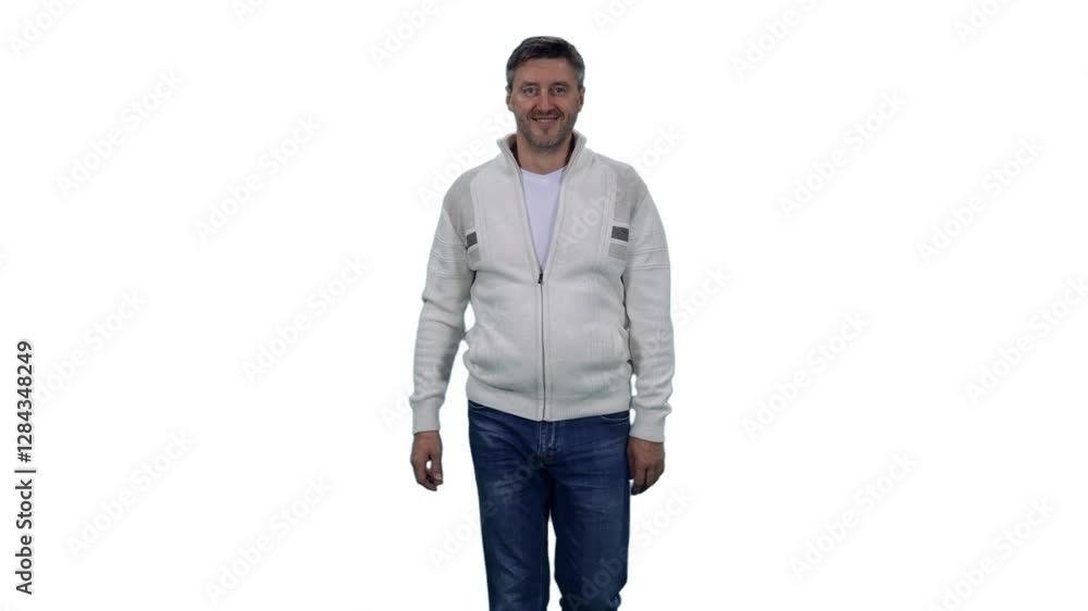 Portrait of walking smiling adult man in casual wear, Full HD footage with alpha transparency channel isolated on white background Portrait of walking smiling adult man in casual wear, Full HD footage with alpha transparency channel isolated on white background