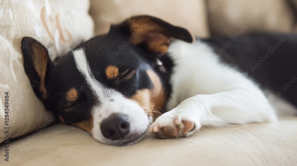 Adorable Black and Brown Dog Sleeping Comfortably on a Cozy Couch : Generative AI Adorable Black and Brown Dog Sleeping Comfortably on a Cozy Couch : Generative AI
