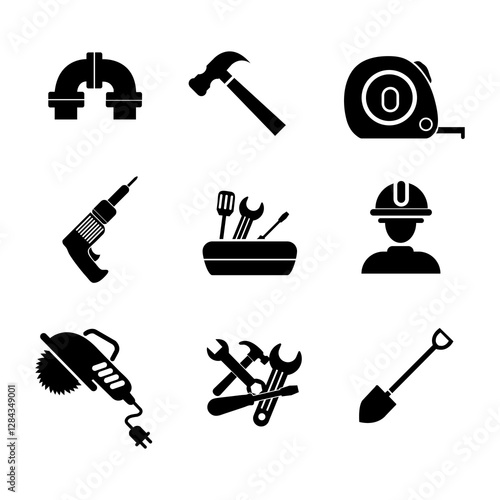 black and white work tools icons set vector art illustration imagensultion