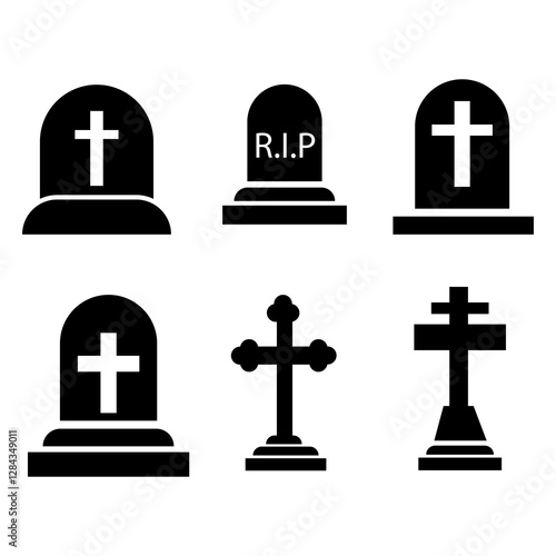 set of black icons with graves on white background illustration