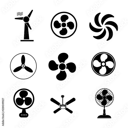 a set of air conditioning icons including a fan, wind turbine, fan, a