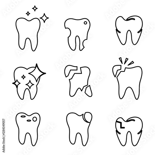 tooth icons drawn on a white background with different teeth and toothbrushes