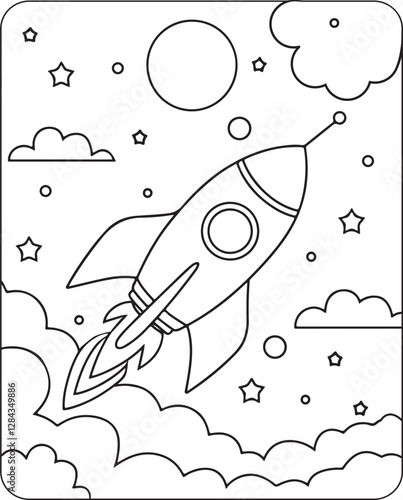 A whimsical rocket outline launching into space for children to color a fun activity page