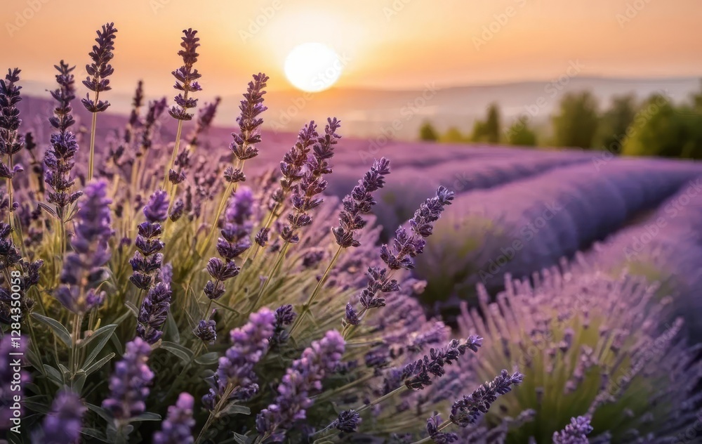 Obraz premium A close-up of purple lavender flowers with a sunset in the background