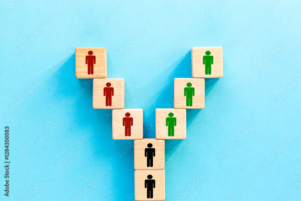 Good or bad choice. People symbols on wooden dice splitting in different directions, Symbol of following the right or wrong path. Making right or wrong decisions, blue background, copy space