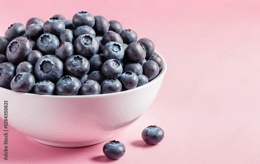 A white bowl filled with ripe blueberries on a pink background A white bowl filled with ripe blueberries on a pink background