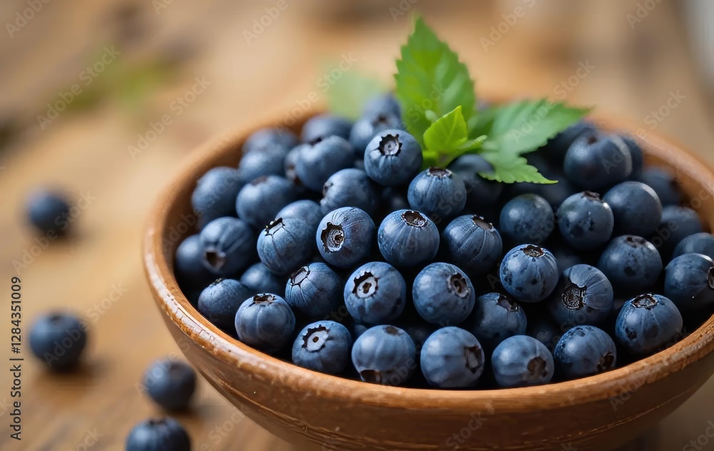 A brown ceramic bowl filled with fresh blueberries and green leaves on a wooden table A brown ceramic bowl filled with fresh blueberries and green leaves on a wooden table
