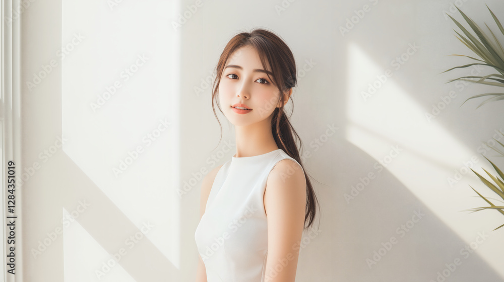 Elegant Asian Woman in a White Satin Dress Elegant Asian Woman in a White Satin Dress