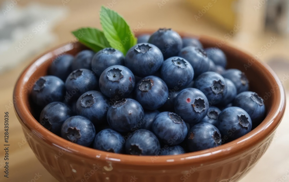 A brown ceramic bowl filled with fresh blueberries and green leaves on a wooden table A brown ceramic bowl filled with fresh blueberries and green leaves on a wooden table