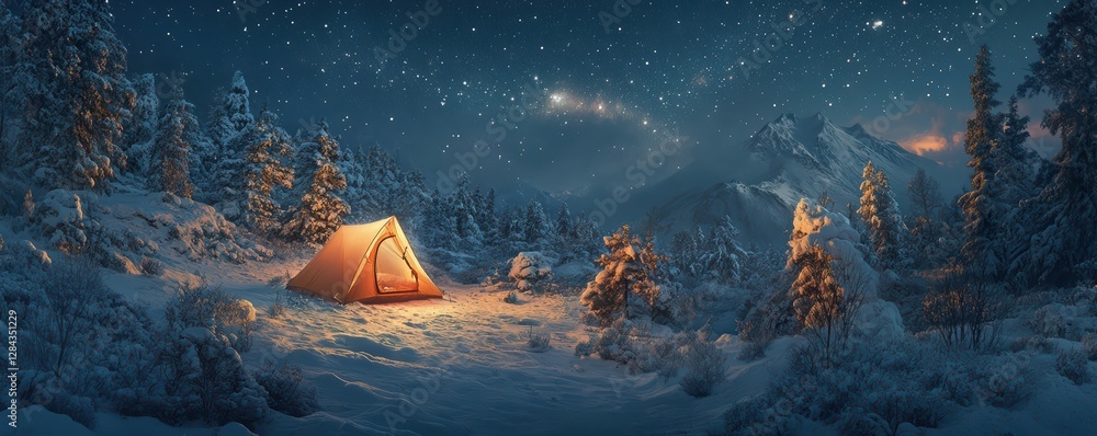 Enchanting winter camp under starry sky in snowy mountain landscape Enchanting winter camp under starry sky in snowy mountain landscape
