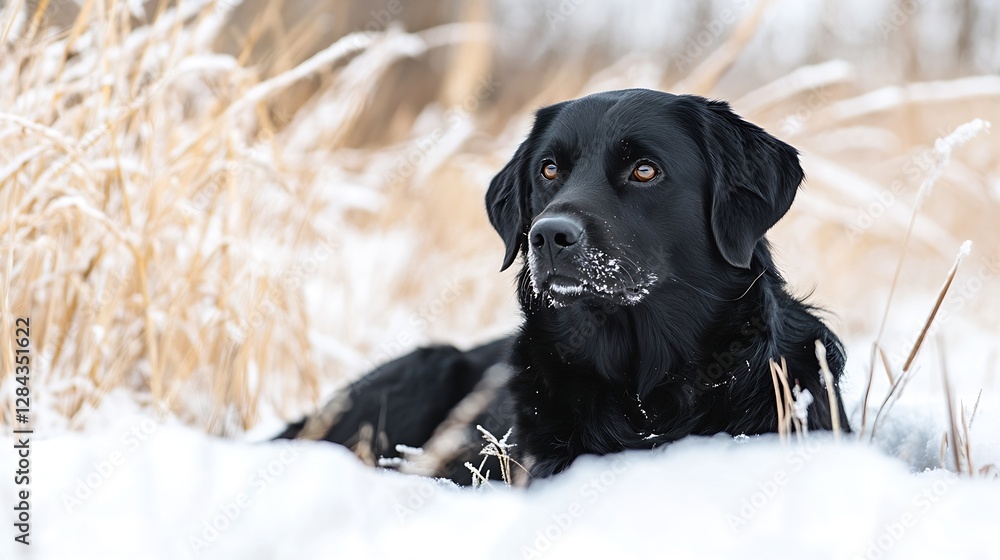 Majestic black dog resting in a snowy field capturing the essence of winter : Generative AI Majestic black dog resting in a snowy field capturing the essence of winter : Generative AI