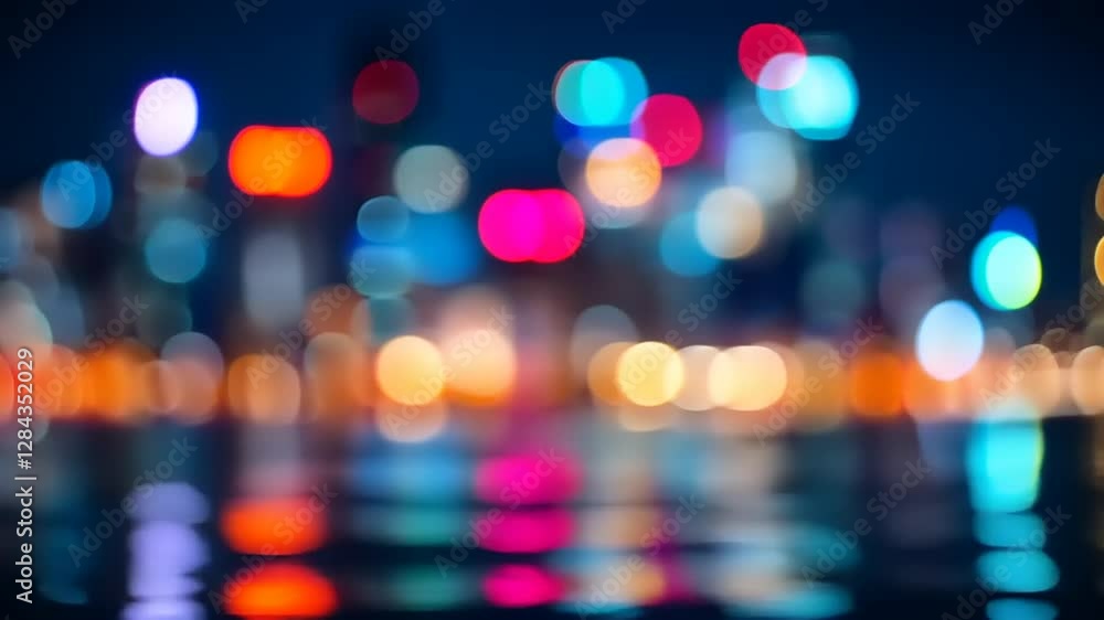 Blurred city skyline at night with colorful lights reflecting on the water, creating a vibrant atmosphere Blurred city skyline at night with colorful lights reflecting on the water, creating a vibrant atmosphere