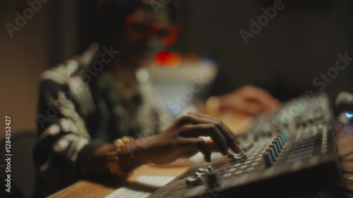Hand of Black music producer adjusting knobs on professional audio mixer in recording studio. Close-up shot, focus on foreground