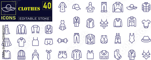 Set of outline icons related to clothes. Sweatshirt, hoody, pullover, bathsuit, jacket, evening dress, cardigan, trousers visualization vector illustration. 