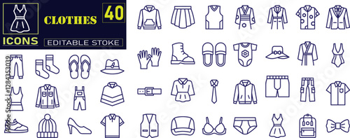 Set of outline icons related to clothes. Sweatshirt, hoody, pullover, bathsuit, jacket, evening dress, cardigan, trousers visualization vector illustration. 