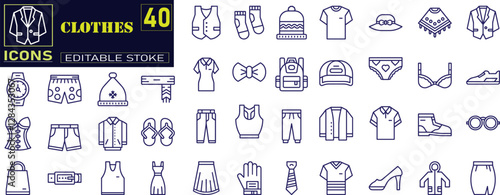 Set of outline icons related to clothes. Sweatshirt, hoody, pullover, bathsuit, jacket, evening dress, cardigan, trousers visualization vector illustration. 