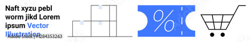 Warehouse stacked boxes, discount percentage coupon, and shopping cart combine to emphasize retail, logistics, e-commerce, consumer benefits, inventory, business marketing, abstract line flat