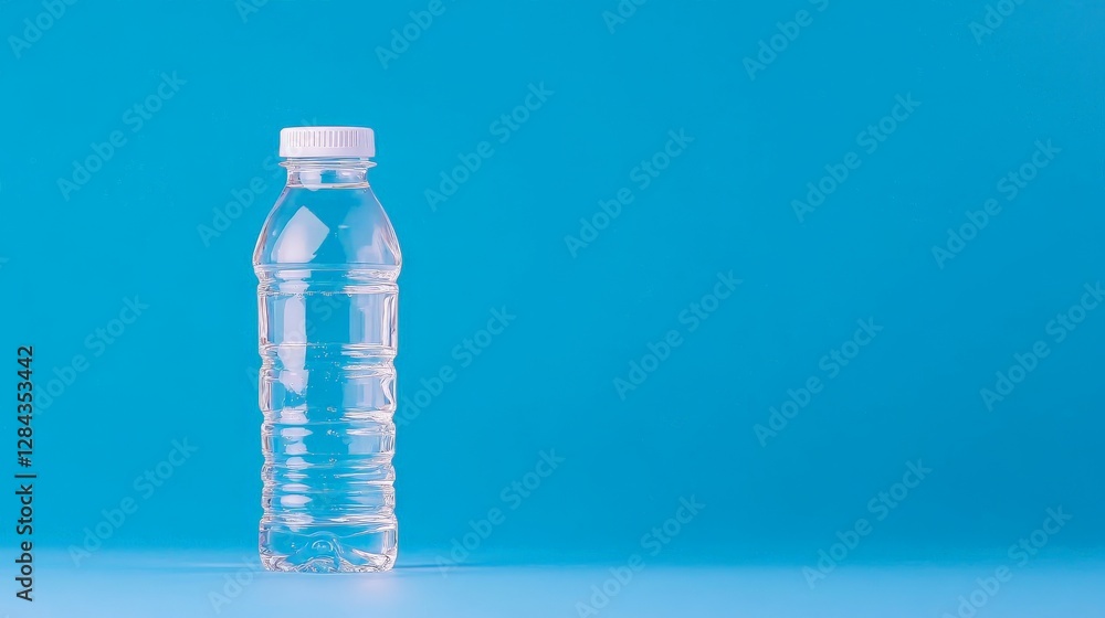 Clear Water Bottle on Blue Background with Minimalistic Style Clear Water Bottle on Blue Background with Minimalistic Style