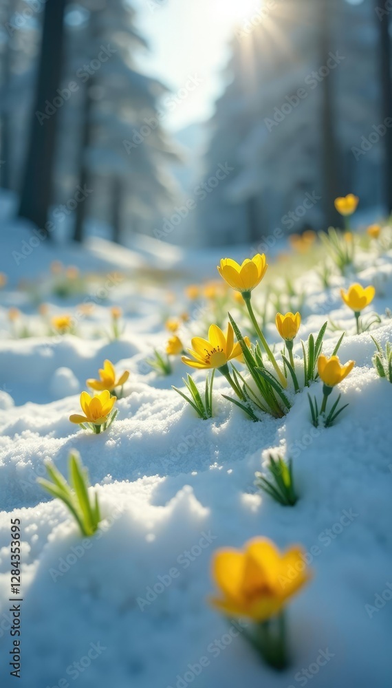 Obraz premium Snowy landscape with emerging yellow-green shoots, snowy, green, flowers