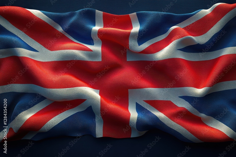 Fototapeta premium Textured British flag draped on a dark surface highlighting the colors and design intricacies