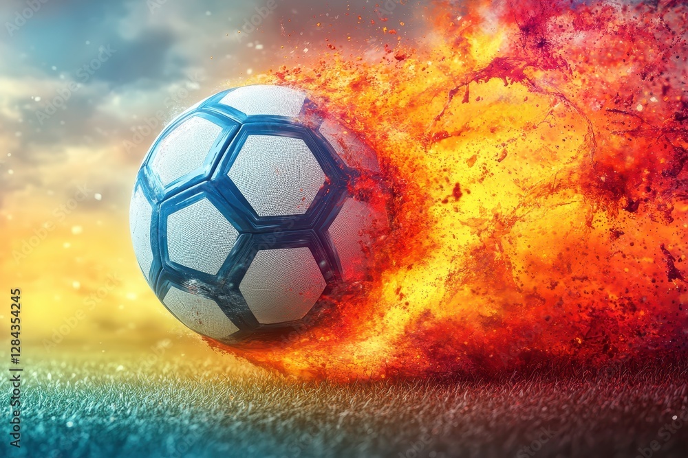 Naklejka premium Dynamic soccer ball bursts into flames during an intense match at sunset, showcasing the thrill of the game