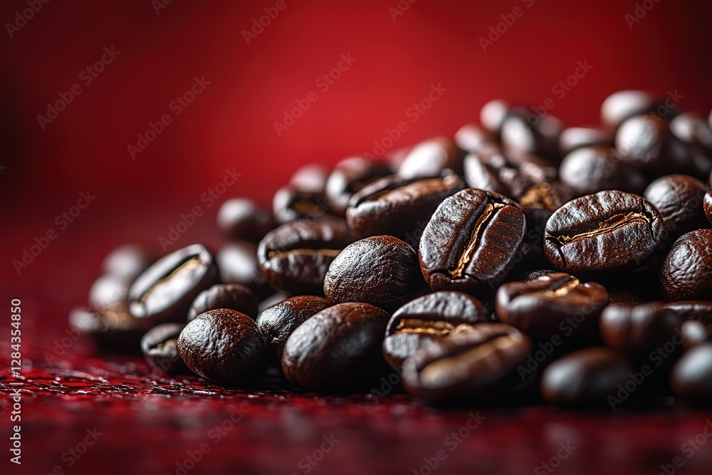Fototapeta premium Roasted coffee beans against a deep red background Aromatic and visually appealing ideal for coffee enthusiasts and related concepts